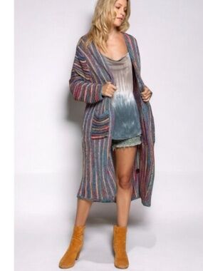 POL Teal Rainbow Stripe Cozy Mid Length Cardigan Sz M